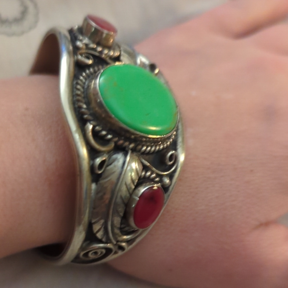 Sterling Silver Bracelet from mexico ( signed) with Green and Red Stones